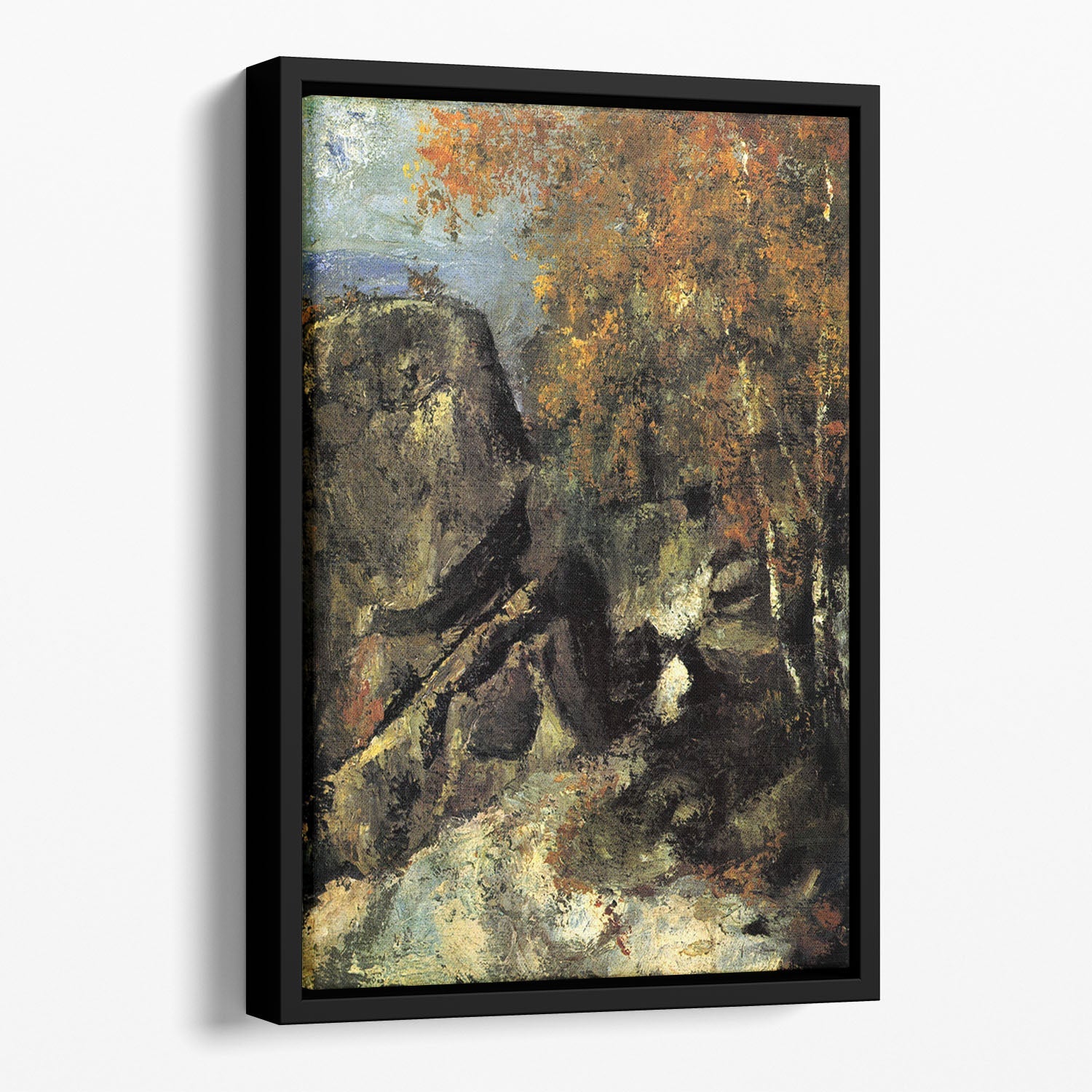 Floating framed canvas of Cezanne's 'Rocks in Fontainebleau Forest' showcasing vibrant colors and intricate details.